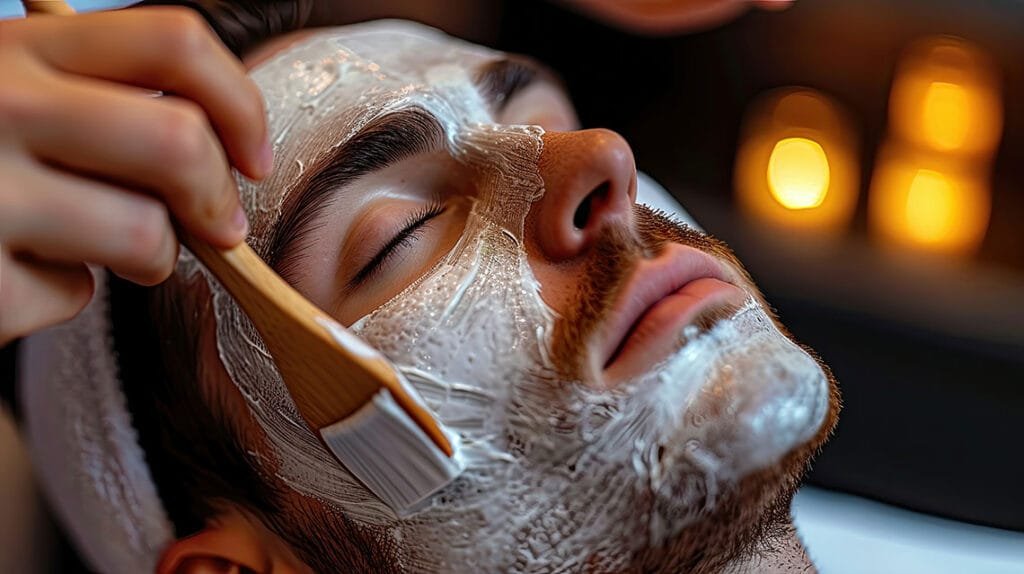 A male getting a facial waxing job.